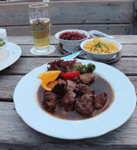 Elk Goulash with Red Cabbage, Spätzle and Lingonberries